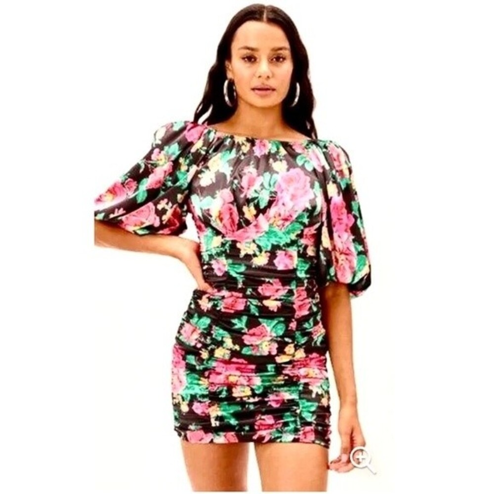 NEW For Love and Lemons Jolie Satin Ruched Puff Sleeve Floral Mini Dress Size XS